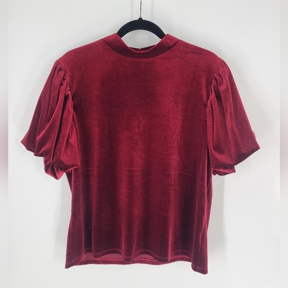 koko + mason Tops - Koko + Mason Women's Burgundy Velvet High Neck Balloon Sleeve Top Blouse Size L